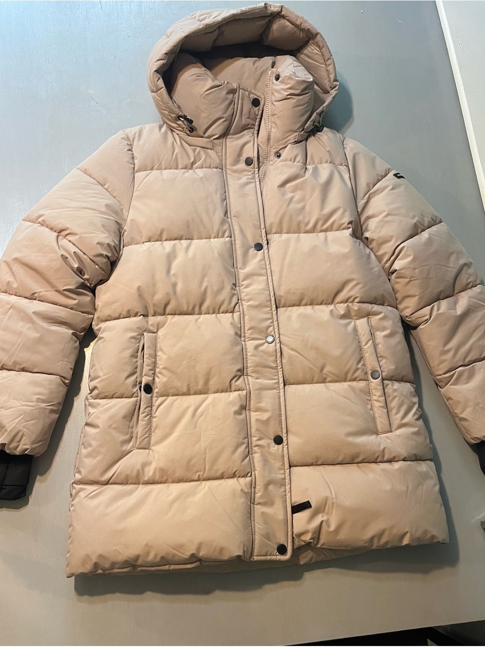 BCBGMaxAzria Neutral Beige Hooded Puffer Coat S/M